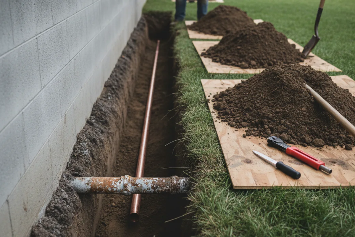 Excavated water line trench during Water Softener Installation in Bloomfield